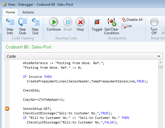 In codeunit 80 on Debugger page